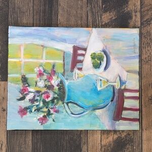 Floral Still Life Blue Vase New Original Acrylic Painting, 11"X14" Canvas Signed